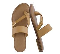 CUSHIONAIRE Laws Women’s Flat Sandal - Faux Leather Slip-On with Toe Loop, Adjustable Buckle & Cushioned Footbed, Tan, 7.5 UK