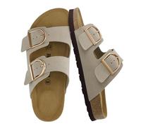 CUSHIONAIRE Legacy Cork Footbed Sandals for Women - Leather Double Strap Slides with Adjustable Buckles + Memory Foam, Stone, 5.5 UK