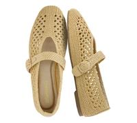 CUSHIONAIRE Monet Woven Mary Jane Flats for Women, Comfortable Ballet Flats with Adjustable Gold-Tone Buckle Strap and Memory Foam Cushioning, Natural, 9