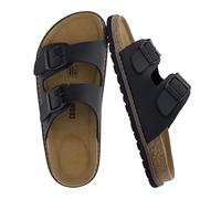 CUSHIONAIRE Plano Slip-On Sandals for Women 2025 with Arch Support, Adjustable Buckle Straps, and Stitched Outsole - Casual Flat Summer Womens Sandals, Black Nappa, 4 UK