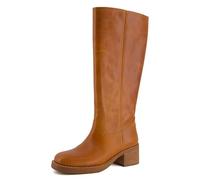 CUSHIONAIRE Sawyer Genuine Leather Tall Chunky Heel Womens Boots - Pull On Casual Knee High Boots for Women, Saddle, 7 UK