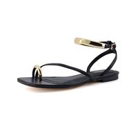 CUSHIONAIRE Secret Flat Sandals for Women with Gold Ankle Cuff and Toe Ring Strap, Vegan Leather Dress Sandals, Black, 6 UK