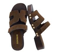 CUSHIONAIRE Tokyo Vegan Leather Suede Platform Sandals for Women Adjustable Strap Heeled Slide Sandals with Memory Foam Comfort, Brown Genuine Suede, 9