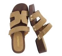 CUSHIONAIRE Tokyo Vegan Leather Suede Platform Sandals for Women Adjustable Strap Heeled Slide Sandals with Memory Foam Comfort, Grey Genuine Suede, 6.5