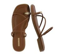 CUSHIONAIRE Venue Women’s Strappy Toe-Loop Slide Sandals with Gold-Tone Accent & Memory Foam Comfort, Cognac, 6 UK