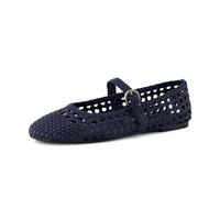 CUSHIONAIRE Windsor Woven Womens Flats with Adjustable Strap - Comfortable Mary Jane Ballet Flats for Women, Navy, 8 UK Wide