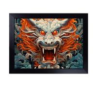 Cushioned Lap Tray with Bean Bag Base for Laptop & Eating - Chinese Dragon Geometric Art Design | Padded Lap Desk for Sofa, Bed & Work | Portable TV Dinner & Breakfast Tray, Easy Clean Surface