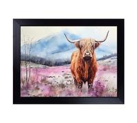 Cushioned Lap Tray with Bean Bag Base for Laptop & Eating - Highland Cow Watercolour Design | Padded Lap Desk for Sofa, Bed & Work | Portable TV Dinner & Breakfast Tray, Easy Clean Surface