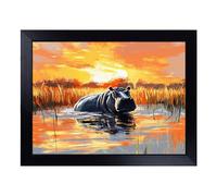 Cushioned Lap Tray with Bean Bag Base for Laptop & Eating - Hippo at Sunset Vol.2 Design | Padded Lap Desk for Sofa, Bed & Work | Portable TV Dinner & Breakfast Tray, Easy Clean Surface