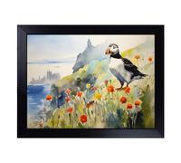 Cushioned Lap Tray with Bean Bag Base for Laptop & Eating - Puffin Watercolour No.2 Design | Padded Lap Desk for Sofa, Bed & Work | Portable TV Dinner & Breakfast Tray, Easy Clean Surface