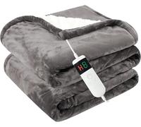 Cushious Heated Electric Blanket Throw 130x160cm, 10 Settings Heating,1-8h Timer Auto-Off, Overheat Protection, Machine Washable, Flannel and Sherpa Heated Blanket for Sofa Bed, Office