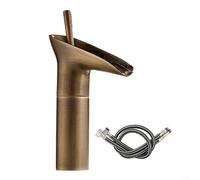 Cushteg Brass Vintage Waterfall Basin Faucet for Over-Counter Bathroom Sink, Hot & Cold Single Lever Mixer with 32-35 mm Installation Hole, G3/8" Thread, Stainless Steel Hoses(Short Gold)