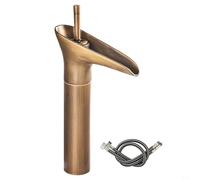 Cushteg Brass Vintage Waterfall Basin Faucet for Over-Counter Bathroom Sink, Hot & Cold Single Lever Mixer with 32-35 mm Installation Hole, G3/8" Thread, Stainless Steel Hoses(Tall Gold)