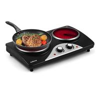 CUSIMAX Electric Hobs - 2100W Double Hot Plate with Infrared Heating, Temperature Control & Crystallite Glass Plates, Black Stainless Steel Easy to Clean