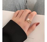 CUSIOALQQ 18K Gold Plated Cubic Zirconia Twisted Pearl Ring Halo Engagement CZ Ring Cut CZ Statement Promise Female Open Adjustable Ring White Freshwater Cultured Pearl Ring Gift for Women