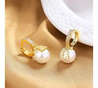 CUSIOALQQ 18K White Gold Plated Pearl Dangle Earrings from Austria 925 Sterling Silver Earrings Hypoallergenic Pearl Drop Earrings Jewelry Gift for Women Gold
