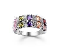 CUSIOALQQ 925 Sterling Silver Colorful Ring AAA Cubic Zirconia Jewel Multi Color Simulated Gemstone Emerald Cut Multi Color CZ Eternity Band Ring Rainbow Eternity Jewelry Rings Wedding Q