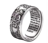 CUSIOALQQ 990 Sterling Silver Feng Shui Pi Xiu Mantra Ring Protection Wealth Ring Protection Feng Shui Ring for Women Man Protection Wealth Ring Adjustable Open Ring Amulet Style 4 (9mm)