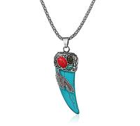 CUSIOALQQ Fashion 925 Sterling Silver Turquoise Pendant Necklace for Women, Boho Style Indian Teeth Tribal Ethnic Totem Jewelry, Vintage Indiana Wind Feather Stone Pendant Gift Cocktail