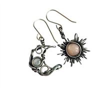 CUSIOALQQ Fashion Boho Style Vintage Opal Sun and Moon Dangle Earrings Moonstone Natural Stone Hook Bohemian for Women Girls Asymmetrical Antiqued Silver Celestial Jewelry Gift