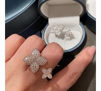 CUSIOALQQ Fashion Double Four Leaf Clover CZ Ring for Women, 925 Silver Lucky Charm Four Leaf Clover Cubic Zirconia Adjustable Open Faith Ring, Good Luck Jewelry Valentine's Day Gifts Silver