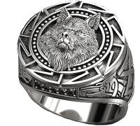 CUSIOALQQ Men's Wolf Silver Ring, Norse Viking Nordic Wolf Head Ring, Slavic Wolf Animal Ring for Men, Hip Hop Wolf Animal Ring for Boys Punk Wolf Jewelry Father's Day Accessories V 1/2