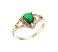 CUSIOALQQ Sparkly Green Emerald CZ Stone Gold Ring for Women, Drop Shape Halo Cubic Zirconia CZ Stone Engagement Rings, Handmade Dainty Birthstone Charming Temperament Statement Ring Gift O
