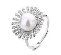 CUSIOALQQ Sunflower CZ Gold Ring for Women Flower Pearl Opening Adjustable Ring Handmade Polishing Cubic Zirconia Ring AAA Freshwater Cultured Pearl Engagement Ring Gift
