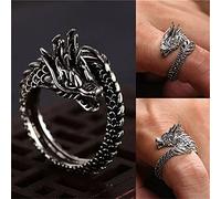 CUSIOALQQ Vintage Sterling Silver Dragon Ring Carved Surface Adjustable Opening Design Ring Handmade Dainty Animal Biker Band Statement Ring Dragon Totem Retro Style Hip Hop Jewelry Gift