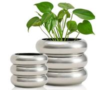 Cusmation Set of 2 Modern Ceramic Flower Pots 6.5/5.1 Inches, Silver, for Outdoor and Indoor, with Drainage Holes, Home and Office Decoration with Mesh Pad