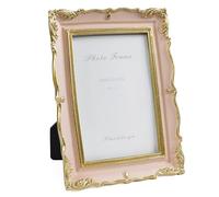 Cuspin 4x6 Vintage Picture Frame Pink and Gold Frame, 4 by 6 Photo Frames Ornate Textured Hand-Crafted Resin with Glass Front for Tabletop Display and Wall Hanging, Retro Design Home Decor