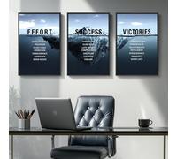 Cuspin Framed Motivational Wall Art, Set of 3 Navy Blue Ocean Iceberg Canvas Paintings, Effort, Success, Victories Words Inspirational Quotes, Office, Home Gym Wall Decor