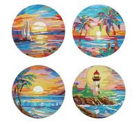 CustmArti DIY Diamond Art Painting Placemat Set Creative Design Acrylic Single Sided Dotted Dinner Plate Four Piece Set for Restaurant Decoration-Seaside Scenery