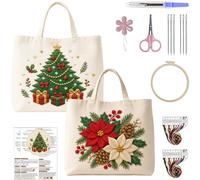 CustmArti DIY Embroidery Christmas Creative Pattern Beginner Friendly Eco Friendly Shopping Portable Tote Bag Cream Colored Includes A 7.87in Imitation Bamboo Material Package-2PCS Christmas Style-2
