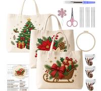 CustmArti DIY Embroidery Christmas Creative Pattern Beginner Friendly Eco Friendly Shopping Portable Tote Bag Cream Colored Includes A 7.87in Imitation Bamboo Material Package-3PCS Christmas Style
