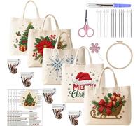 CustmArti DIY Embroidery Christmas Creative Pattern Beginner Friendly Eco Friendly Shopping Portable Tote Bag Cream Colored Includes A 7.87in Imitation Bamboo Material Package-5PCS Christmas Style