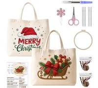 CustmArti DIY Embroidery Christmas Creative Pattern Beginner Friendly Eco Friendly Shopping Portable Tote Bag Cream Colored Includes A 7.87in Imitation Bamboo Material Package-2PCS Christmas Style-1