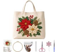CustmArti DIY Embroidery Christmas Creative Pattern Beginner Friendly Eco Friendly Shopping Portable Tote Bag Cream Colored Includes A 7.87in Imitation Bamboo Material Package-Poinsettia