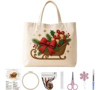 CustmArti DIY Embroidery Christmas Creative Pattern Beginner Friendly Eco Friendly Shopping Portable Tote Bag Cream Colored Includes A 7.87in Imitation Bamboo Material Package-Sleigh