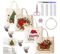CustmArti DIY Embroidery Christmas Creative Pattern Beginner Friendly Eco Friendly Shopping Portable Tote Bag Cream Colored Includes A 7.87in Imitation Bamboo Material Package-4PCS Christmas Style