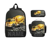 Custom 2D Flat Concrete Mixer Truck Prints Backpack Set for Women and Men Adjustable Outdoor Travel Daypack with Names for Engineering Fans Car Lover Personalized Name Engineering Car-Theme Backpack