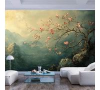 Custom 3D Photo Wallpaper Pink blossomed tree against mountain backdrop vintage style Pink blossomed tree against mountain backdrop vintage style Peel and Stick Wall Paper Home Decor Non-Woven 3D Li