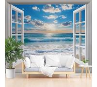 Custom 3D Photo Wallpaper Sunset Scenery with Ocean Waves Wall Mural Large Wall Paper Nautical Window View Poster Living Room Bedroom Tv Background Home Decoration 390x260cm(W x H) Feature Wallpaper