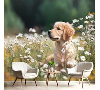 Custom 3D Photo Wallpaper White Daisy Dog Mural Photo Large Poster, 150×105cm Non-Woven Flower Fields Animals Print Wall Mural for Living Room Bedroom Tv Background Wall Home Decoration