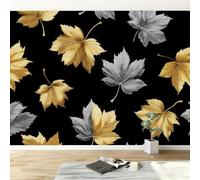 Custom 3D Wallpaper Mural 350 x 256 cm Simple Gold Foil Maple Leaf Pattern - Non-Woven Large Wall Poster for Living Room or Bedroom, Photo Wall Art for Home Decoration, Premium Quality, Black