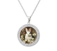 Custom A Beautiful White Rabbit Picture Necklace Personalized Circle Chain Pendant Gold/Silver Photo Dog Tag Keepsake Necklaces Hip Hop Memorial Jewelry Gifts for Men Women, One size, Titanium Steel