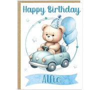 Custom Add Own Name Blue Teddy Happy Birthday Cards for Kids - For Any Age Bear with Balloons Cake Presents - For Boys Celebration A5 Greeting Cards (Car)