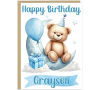 Custom Add Own Name Blue Teddy Happy Birthday Cards for Kids - For Any Age Bear with Balloons Cake Presents - For Boys Celebration A5 Greeting Cards (Moon)