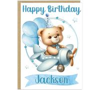 Custom Add Own Name Blue Teddy Happy Birthday Cards for Kids - For Any Age Bear with Balloons Cake Presents - For Boys Celebration A5 Greeting Cards (Plane)