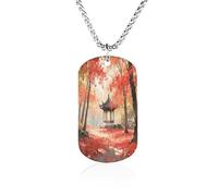 Custom Ancient Pavilion in The Maple Forest Dog Tag Necklace 23.6" Chain Personalized Photo Pendant for Men Women Stainless Steel Memorial Picture Couple Necklace Jewelry Keepsake Bereavement Sympathy